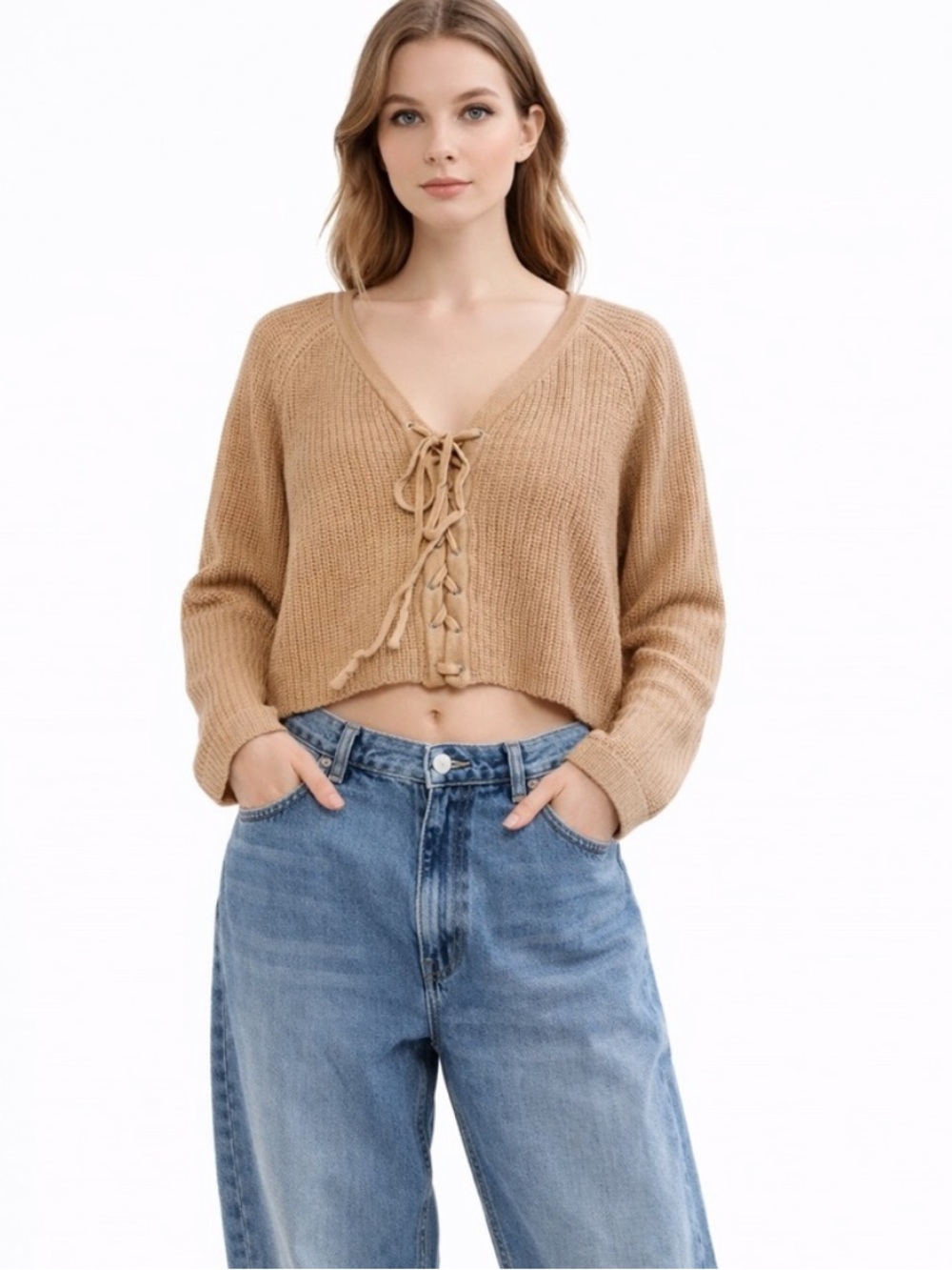 Cropped lace up sweater size Small NWT